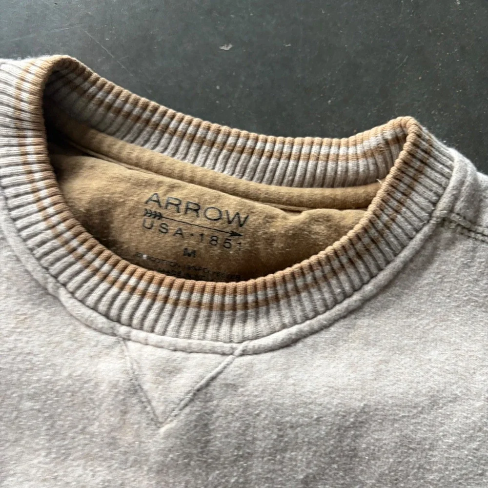 Arrow USA 1851 Mens Crewneck Sweatshirt Tan Beige Ribbed Trim Medium